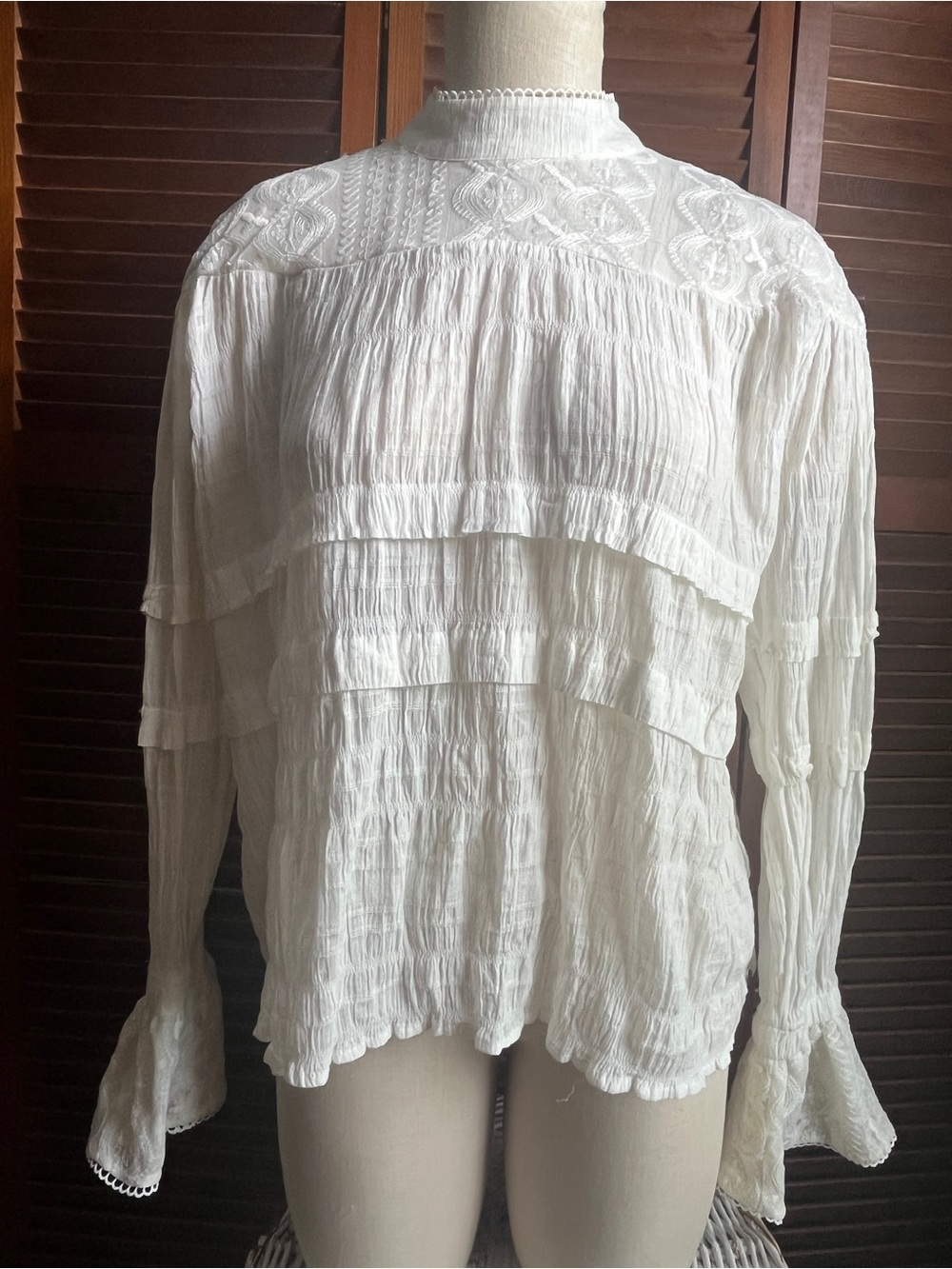 One Teaspoon White Ruffle Blouse with Lace and Embroidery